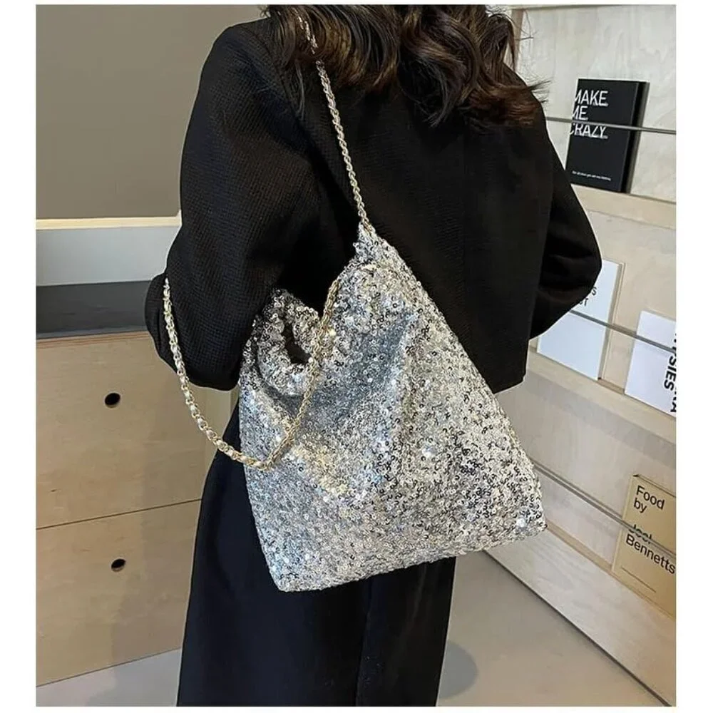 Women's Glitter Sequin Shoulder Tote Large Capacity Sparkling Handbag